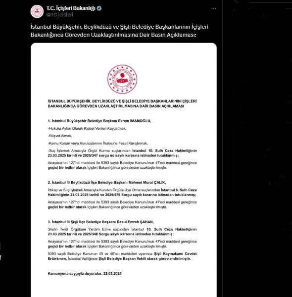 İBB Başkanı İmamoğlu, görevden uzaklaştırıldı